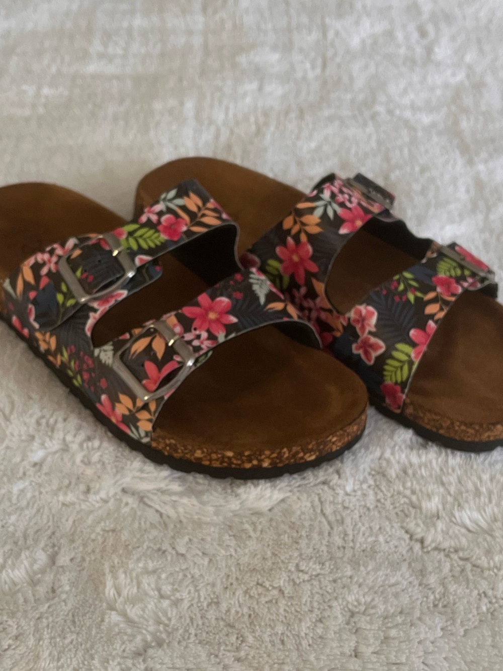 Bobbie Brooks Floral Double-Buckle Slide Sandals - Pink/Black/Green